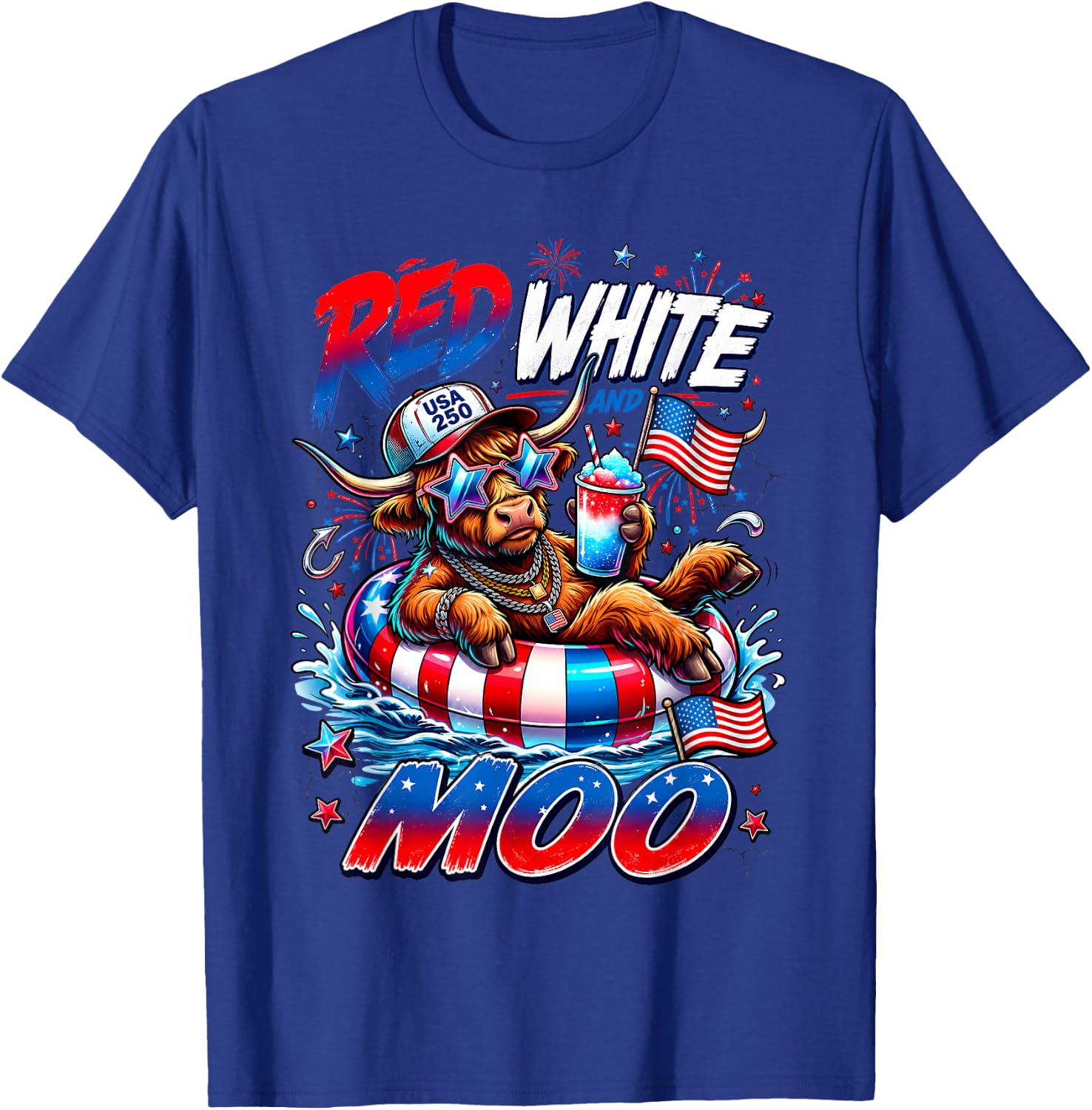 Red White and Moo Highland Cow 4th July 250 Years Patriotic T-Shirt - T-Shirt | Royal
