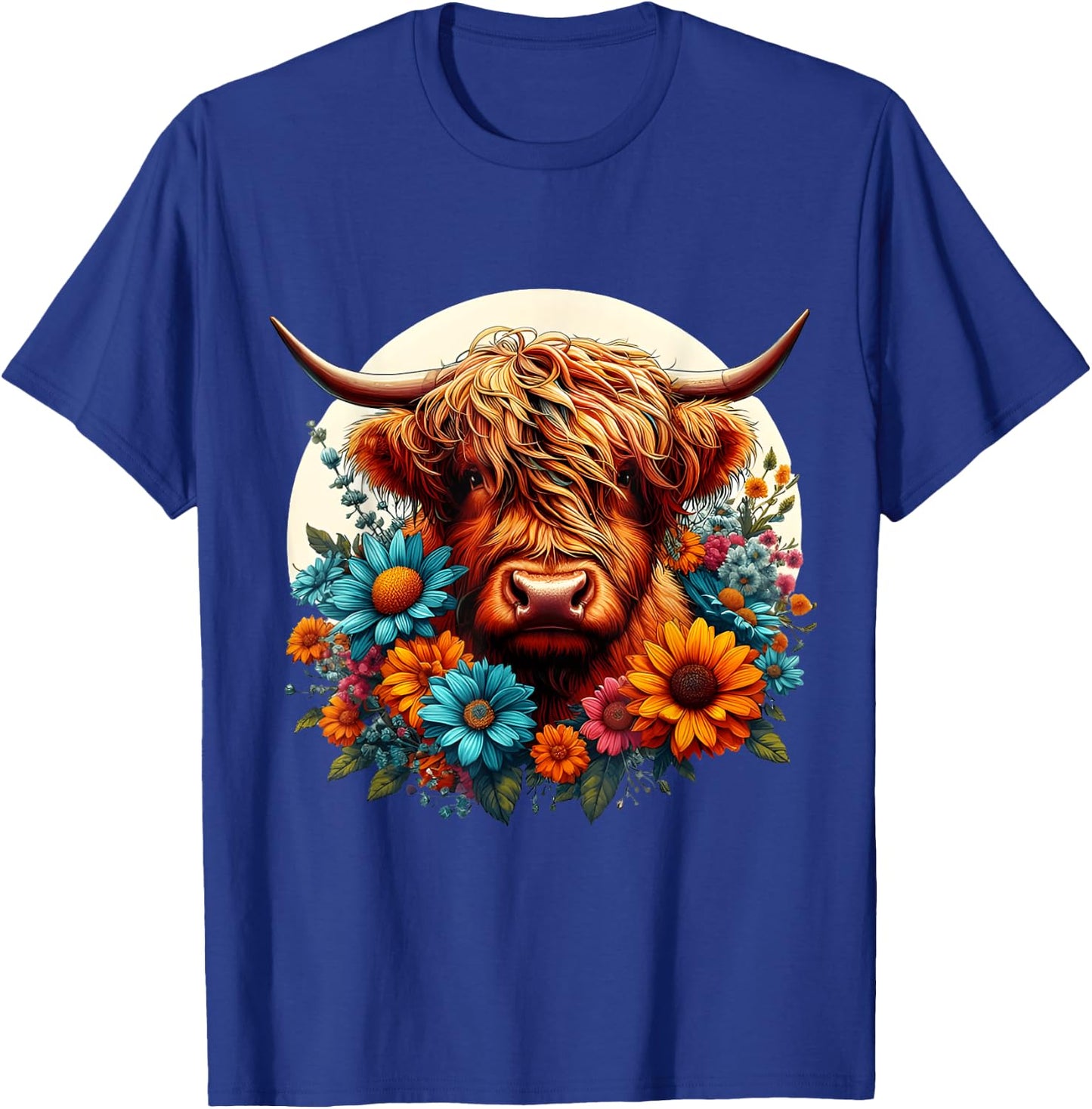 Scottish Cute Highland Cow Cattle Hairy Cow Flowers Colorful T-Shirt - T-Shirt | Royal