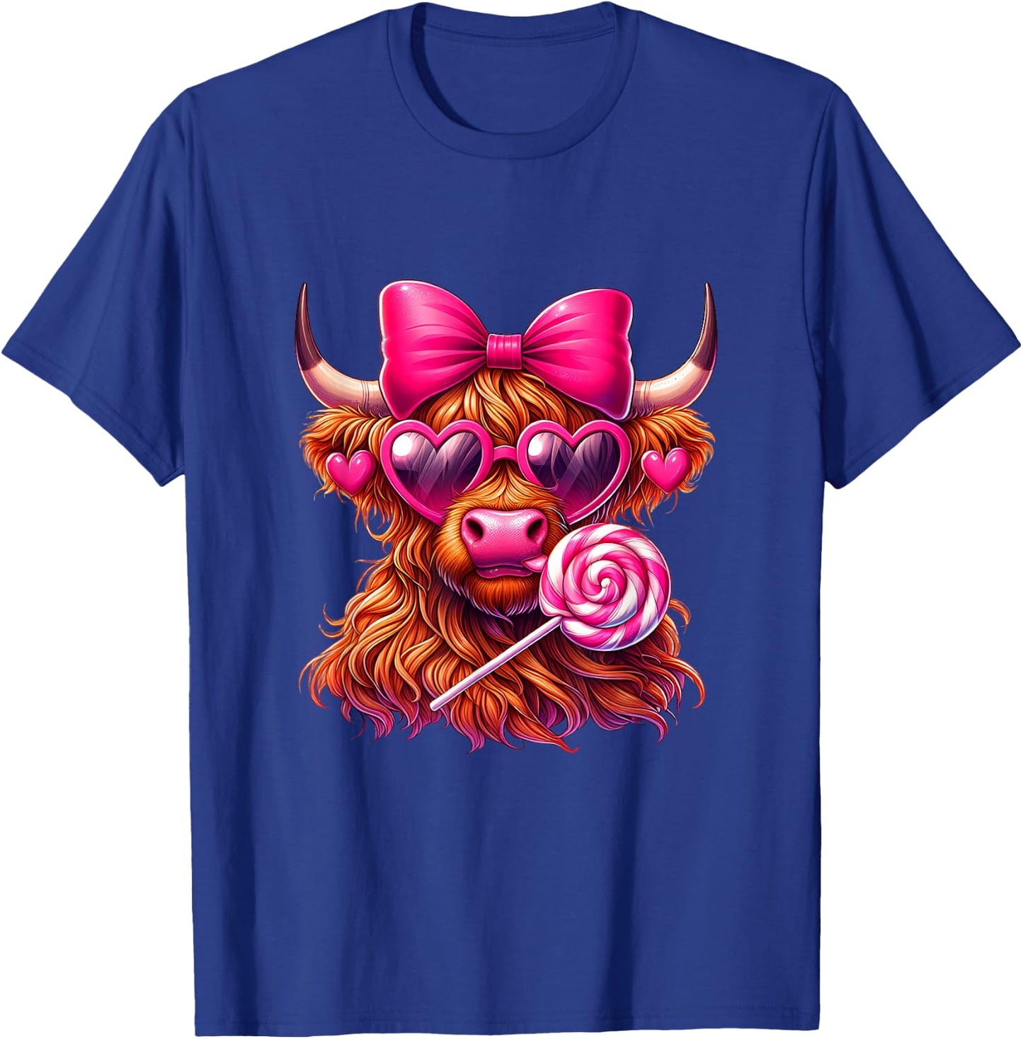 Valentines Highland Cow coquette bow Heart Glasses Lollipop T-Shirt - T-Shirt | Royal