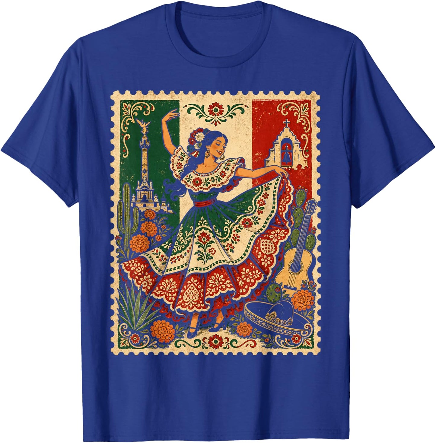 Mexican Folk Dance Baile Folklorico Vintage Stamp Art T-Shirt - T-Shirt | Royal
