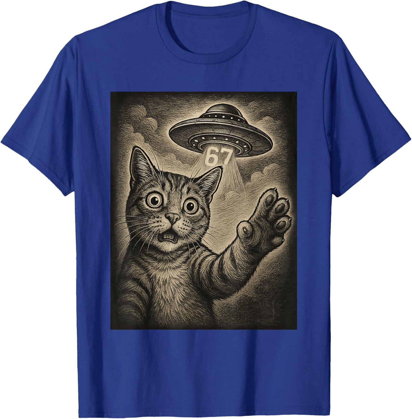 Cat Selfie 67 Meme Six Seven Funny UFO T-Shirt - T-Shirt | Royal
