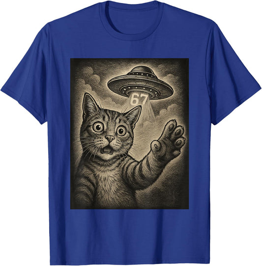 Cat Selfie 67 Meme Six Seven Funny UFO T-Shirt - T-Shirt | Royal