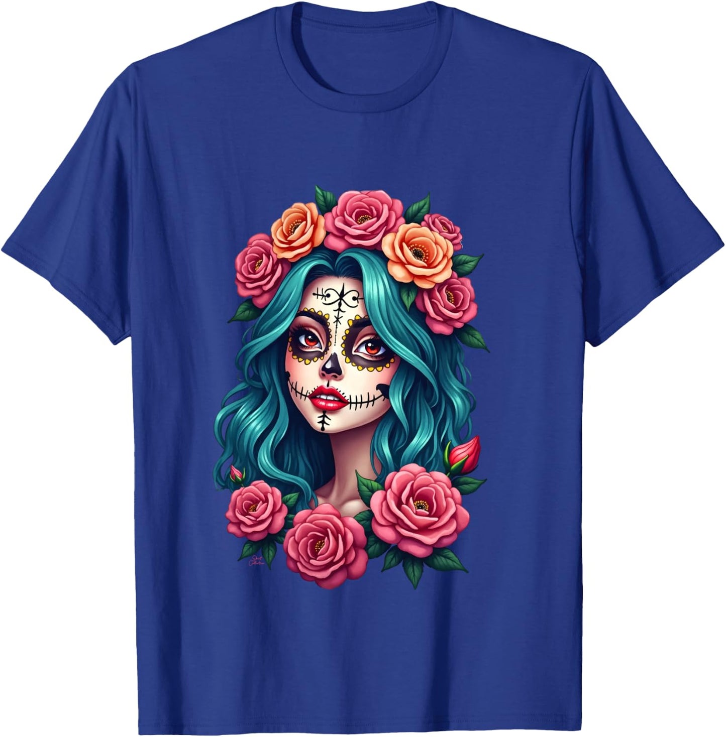 Dia de los Muertos head Mexican woman Mexico sugar skull , Black, S T-Shirt - T-Shirt | Royal