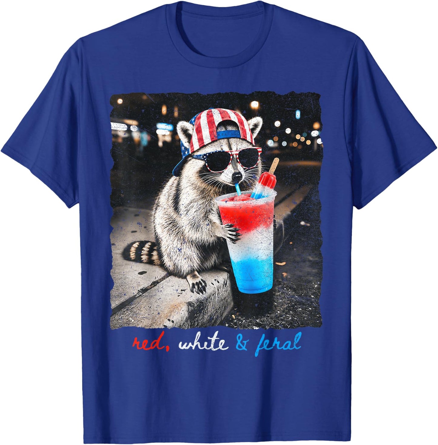 Red White & Feral Funny Raccoon Slushie Popsicle 4th July T-Shirt - T-Shirt | Royal