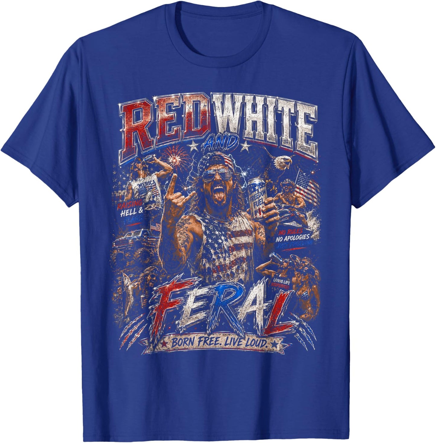 Red White and Feral Freedom US Flag American Bootleg T-Shirt - T-Shirt | Royal