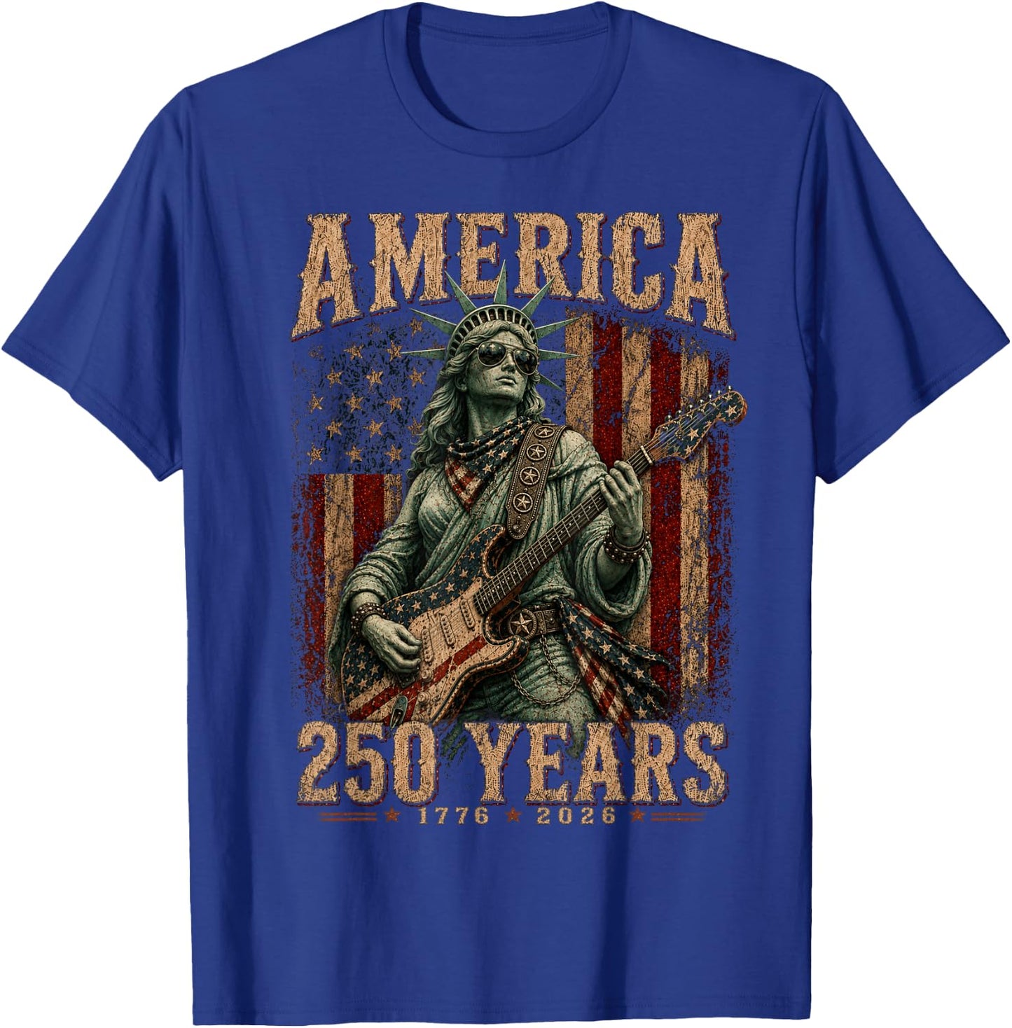 Statue Liberty Playing Guitar 4th July 250th Anniversary T-Shirt - T-Shirt | Royal