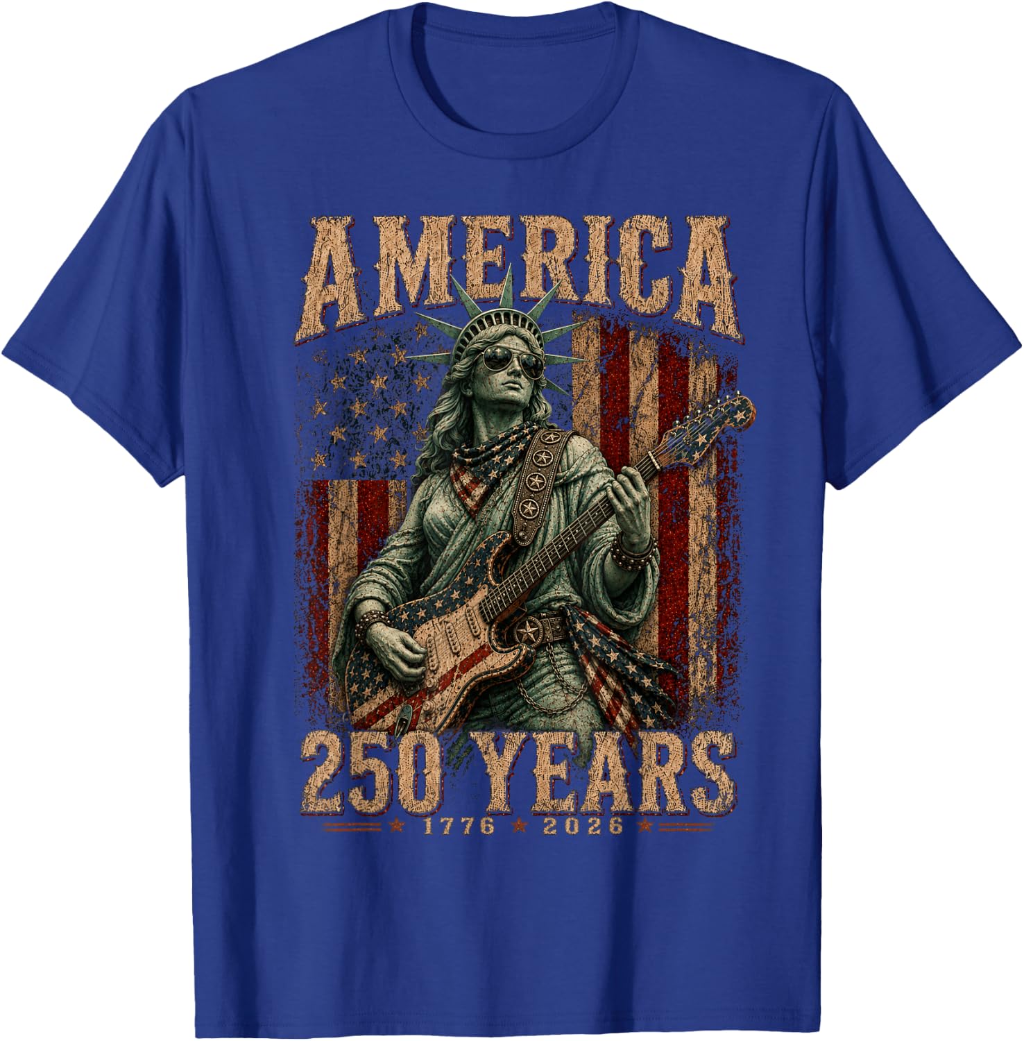 Statue Liberty Playing Guitar 4th July 250th Anniversary T-Shirt - T-Shirt | Royal
