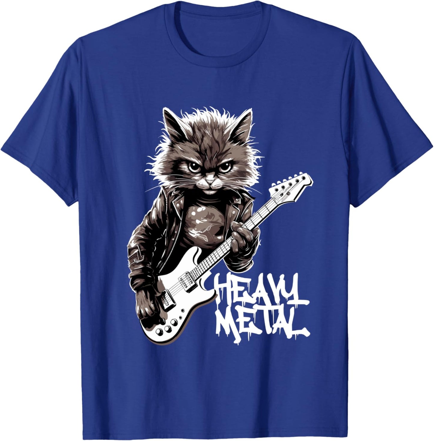 Cat Playing Guitar Heavy Metal Rock Cat Funny Guitarist Long Handle T-Shirt - T-Shirt | Royal