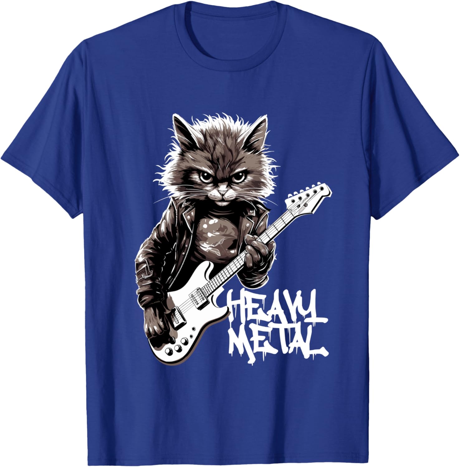 Cat Playing Guitar Heavy Metal Rock Cat Funny Guitarist Long Handle T-Shirt - T-Shirt | Royal