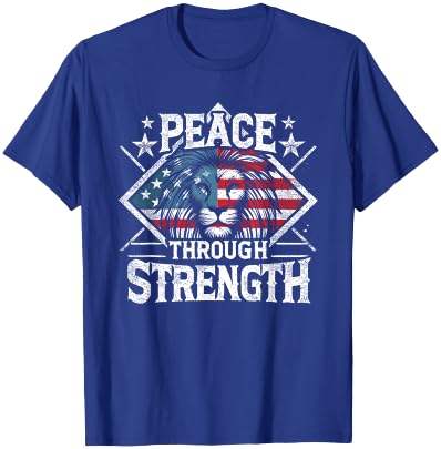 CharlIan Minds - USA Flag Peace Through Strength Lion Patriot -Adults Black Short Sleeve Modern Novelty Graphic T-Shirt - T-Shirt | Royal
