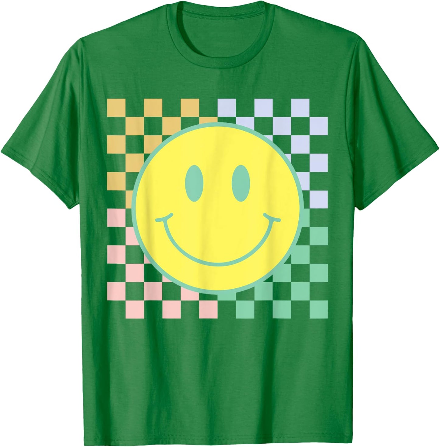 Retro Happy Face Shirt Checkered Pattern Smile Face Trendy T-Shirt - T-Shirt | Irish Green