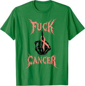 Fuck Cancer Rock Tattoos Warrior Peach Ribbon Uterine Cancer T-Shirt - T-Shirt | Irish Green
