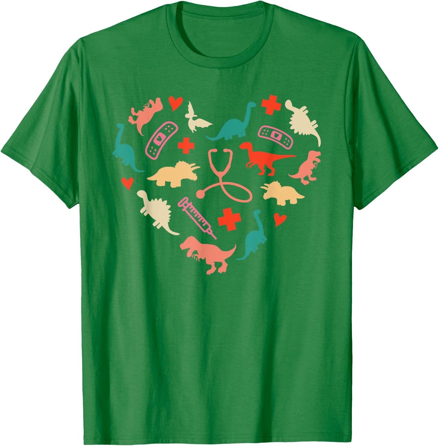Pediatric Nurse Heart Colorful Cute Dinosaur Physical Peds T-Shirt - T-Shirt | Irish Green