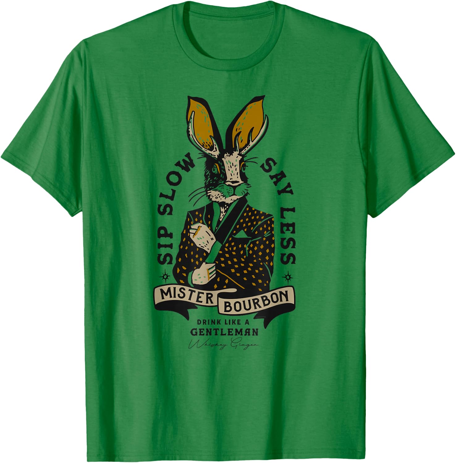Mister Bourbon Whiskey Jackalope: Funny Smoking Jacket Bunny T-Shirt - T-Shirt | Irish Green