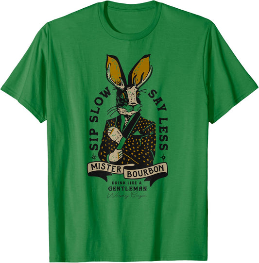 Mister Bourbon Whiskey Jackalope: Funny Smoking Jacket Bunny T-Shirt - T-Shirt | Irish Green