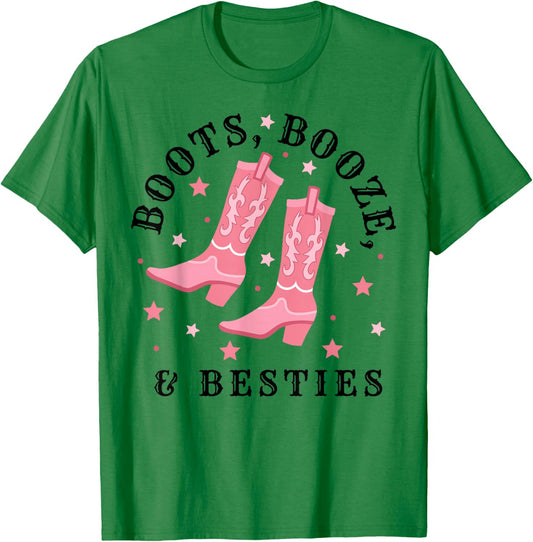 Boots-Booze & Besties Best Friend Girls Trip Western Boots T-Shirt - T-Shirt | Irish Green
