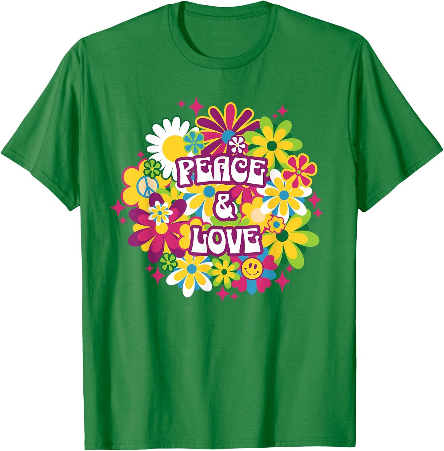 Peace Love 70s Retro Floral Happy Face Flower Groovy Women's , Blue, S T-Shirt - T-Shirt | Irish Green