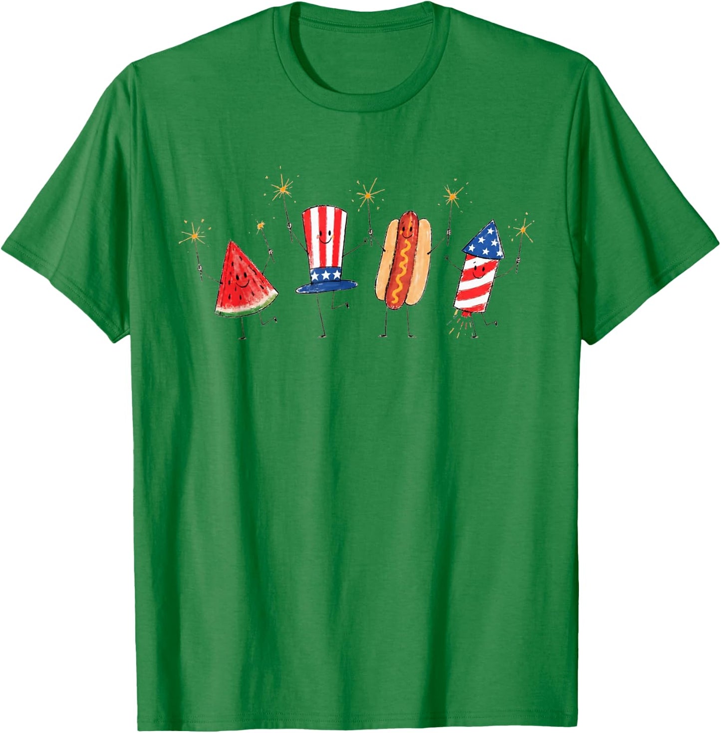 Patriotic Doodle Fourth of July Watermelon Hot Dog Firework T-Shirt - T-Shirt | Irish Green