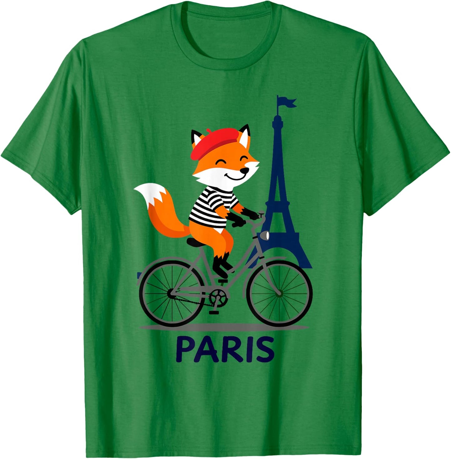 Cute Fox in Beret Cycling, Eiffel Tower Paris French Lover T-Shirt - T-Shirt | Irish Green