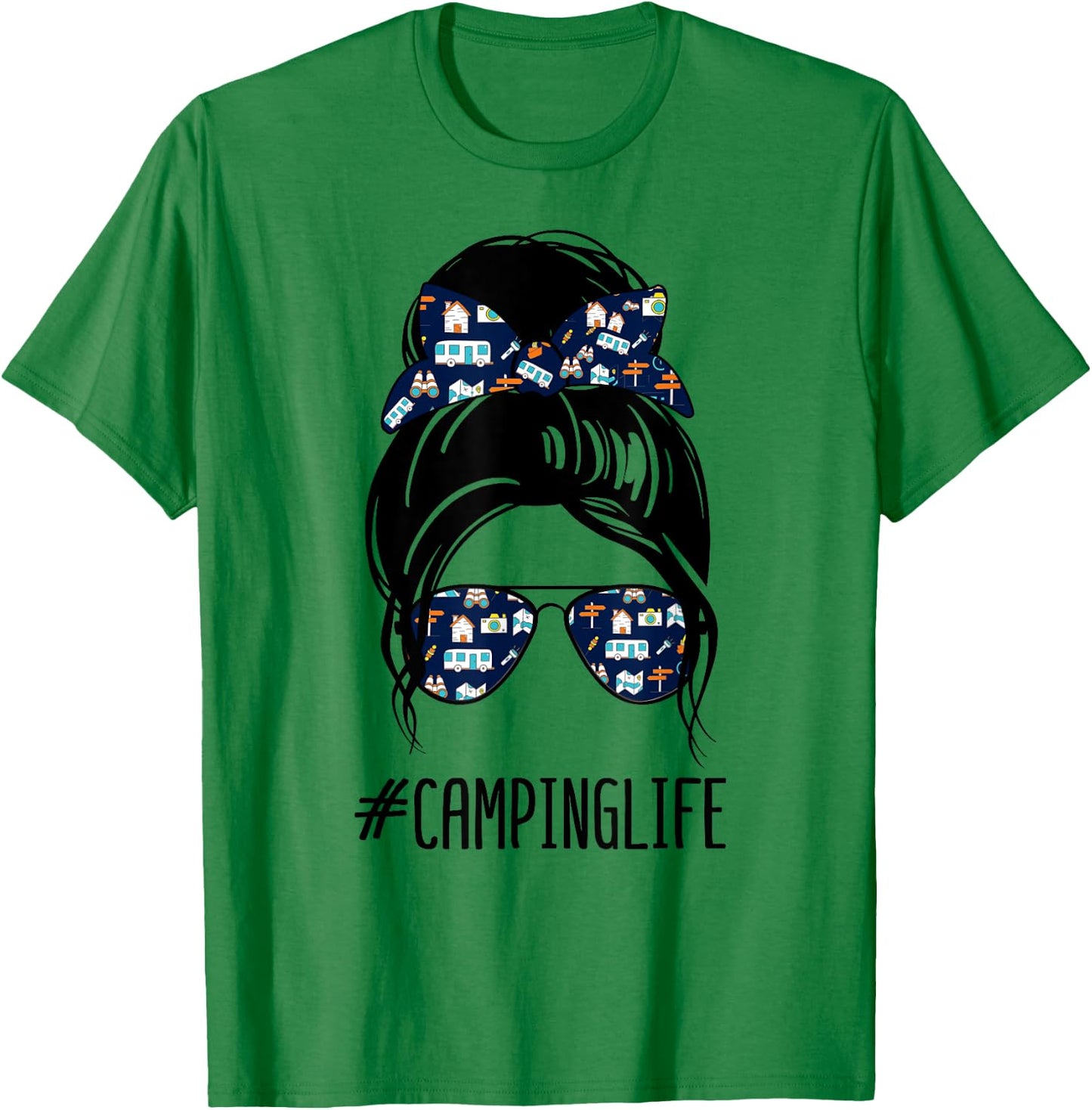 Camping Life Messy Bun Hair shirt Camper camp Camping T-Shirt - T-Shirt | Irish Green