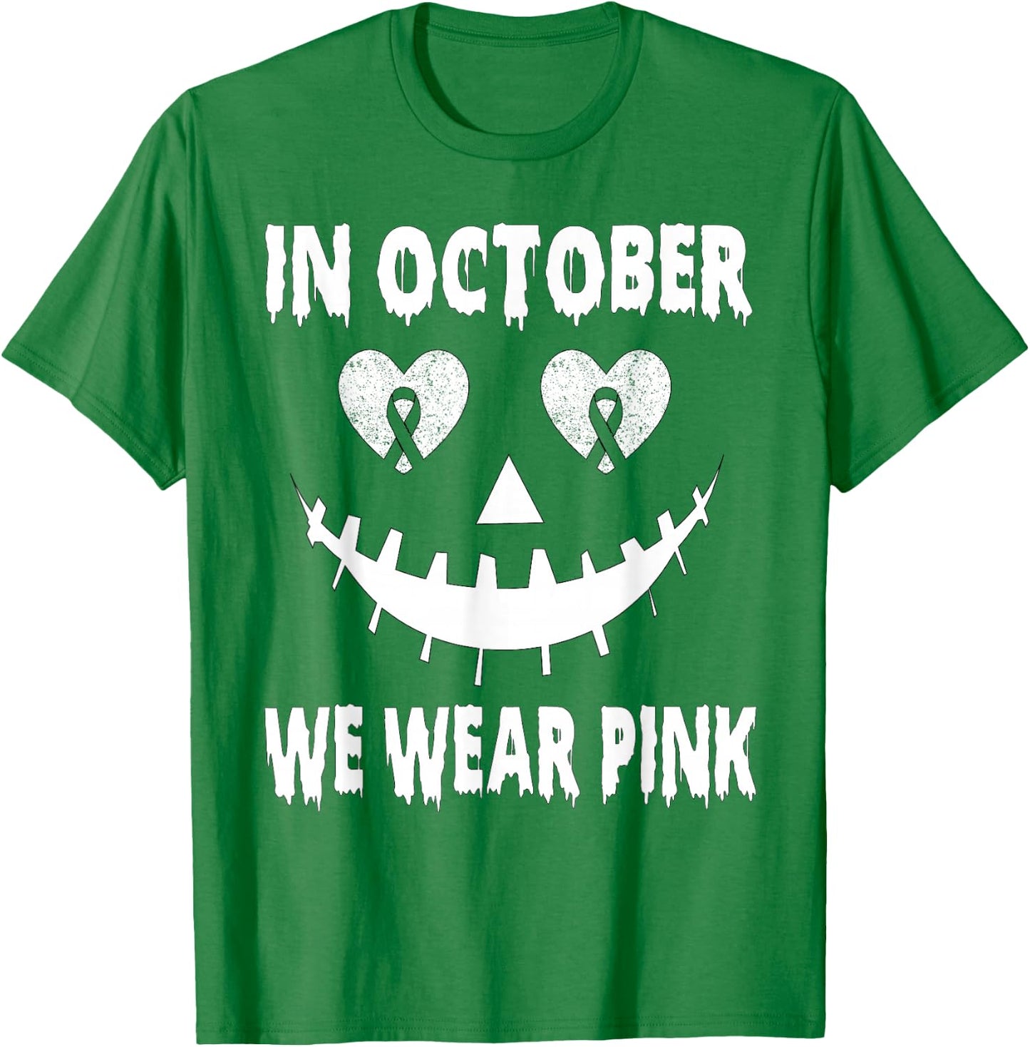 In October We Wear Pink Breast Cancer Jackolantern Halloween T-Shirt - T-Shirt | Irish Green