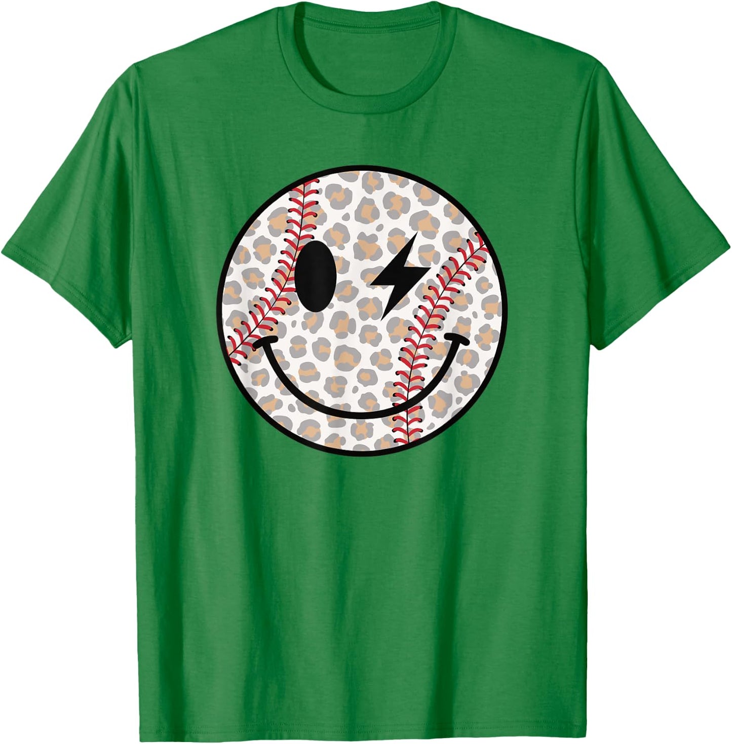 Cute Baseball Happy Face Leopard Smile Face Smiling Baseball T-Shirt - T-Shirt | Irish Green