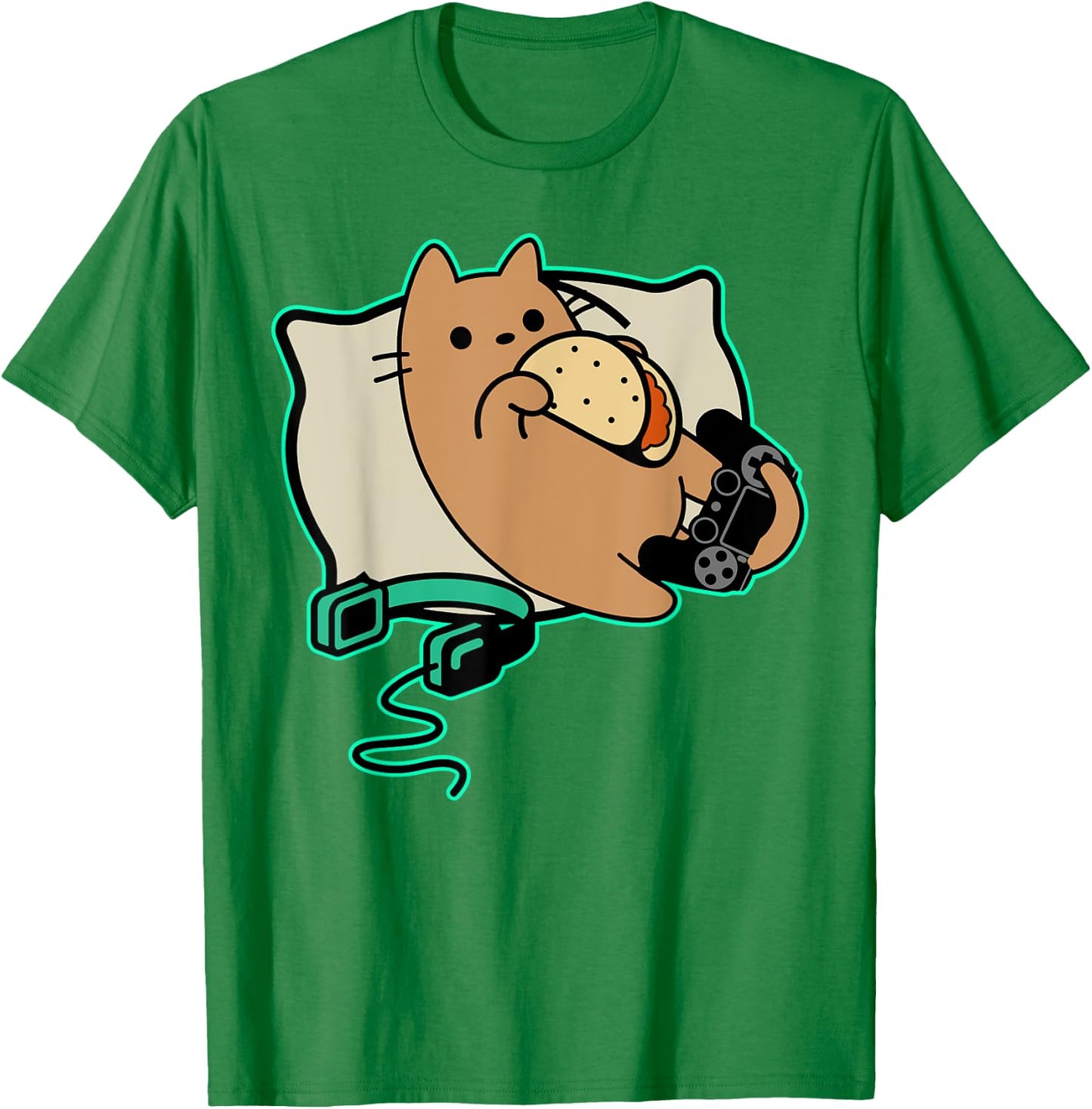 Nerdy Gamer Cat Eating Tacos Game Paused T-Shirt - T-Shirt | Irish Green