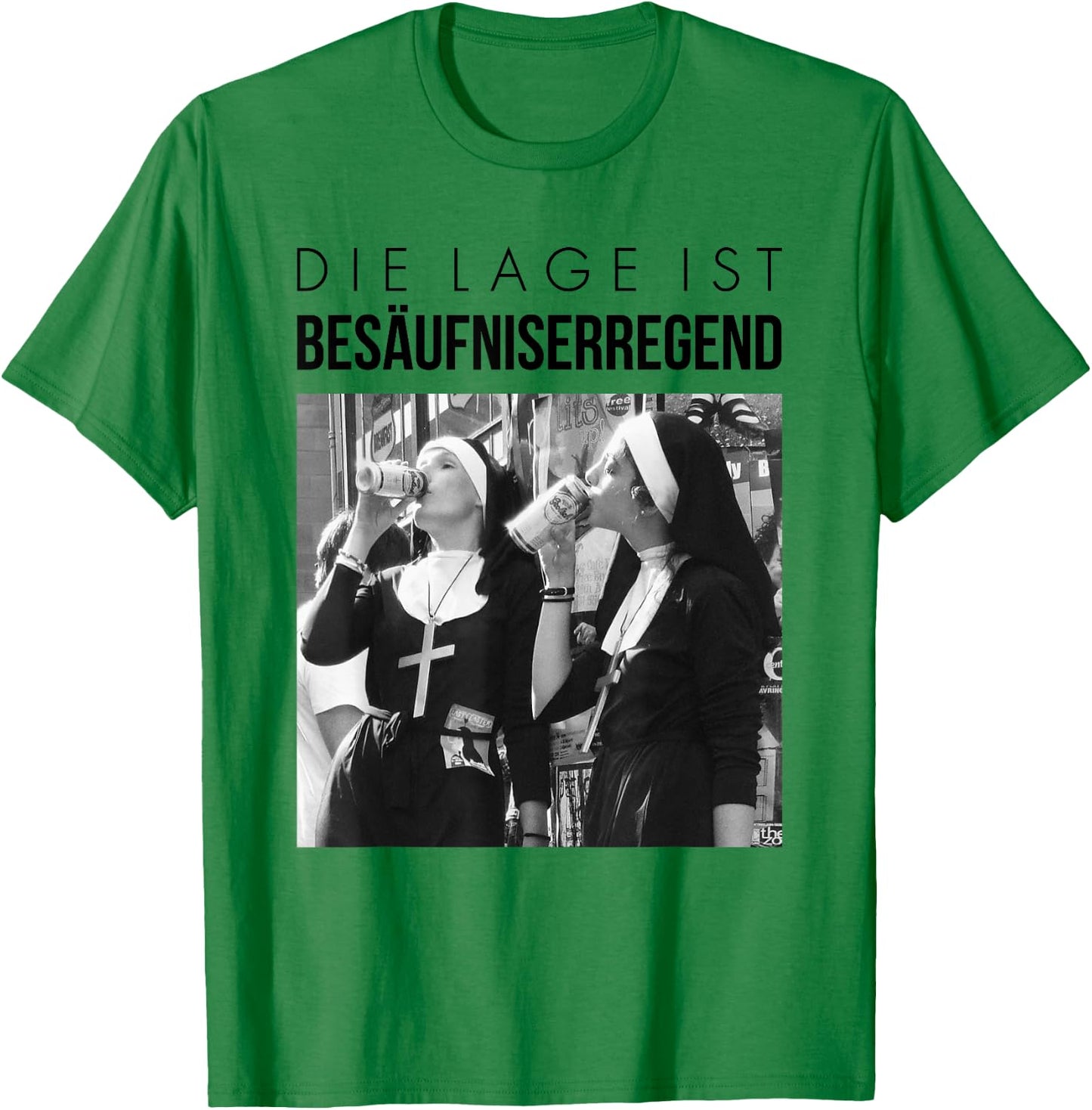 Fun with German Text "Die Lage ist besäufniserregend". Nuns Drinking Beer, White T-Shirt - T-Shirt | Irish Green