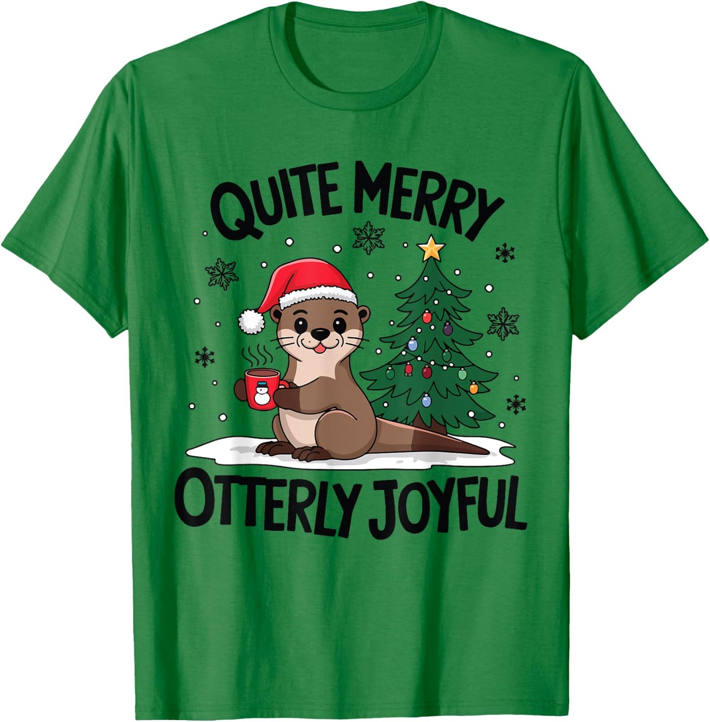 Quite Merry Otterly Joyful Christmas Tree Hot Coffee Lover T-Shirt - T-Shirt | Irish Green