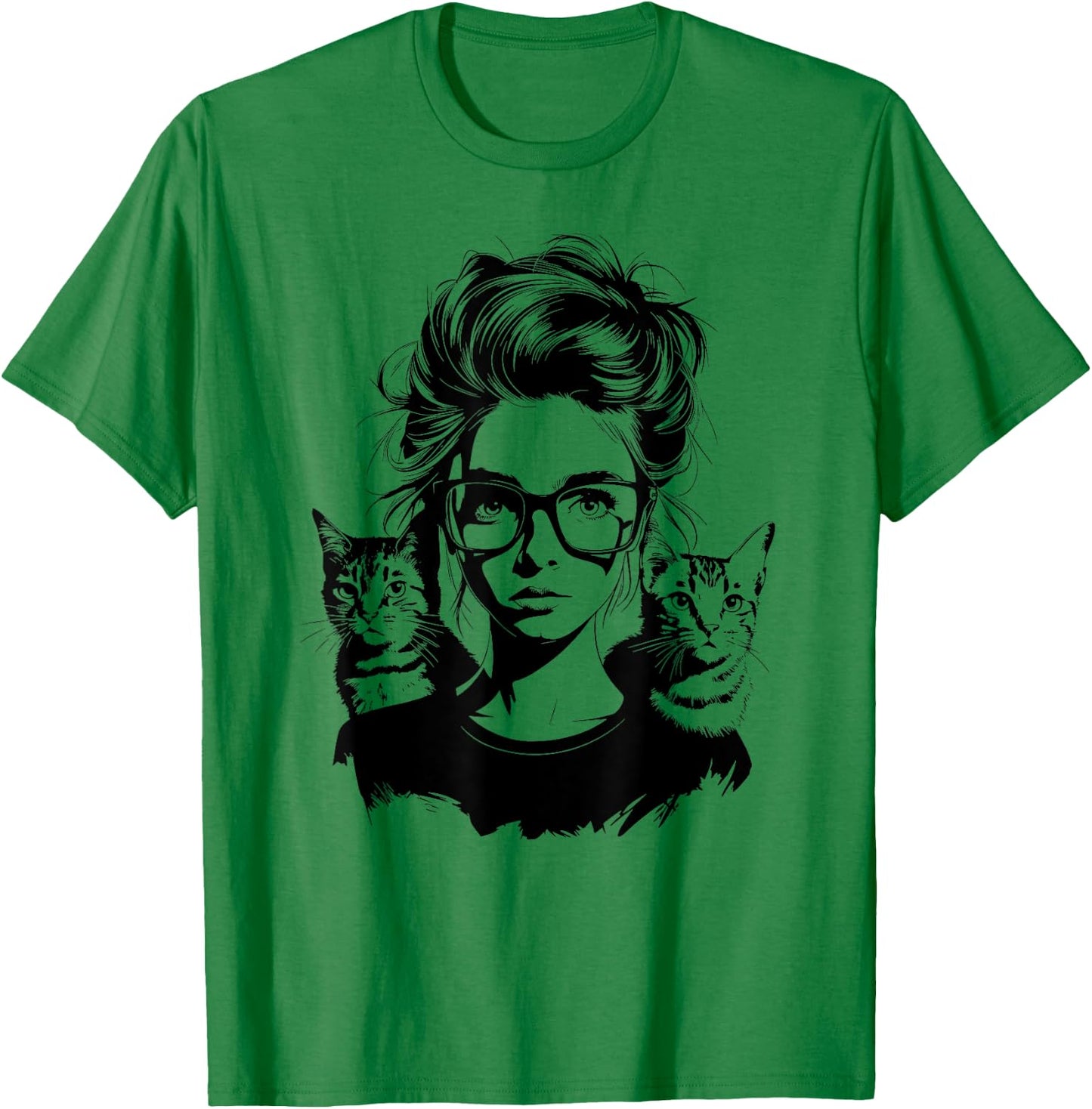 Cute Cat Silhouette Woman Girl with Two Cats T-Shirt - T-Shirt | Irish Green