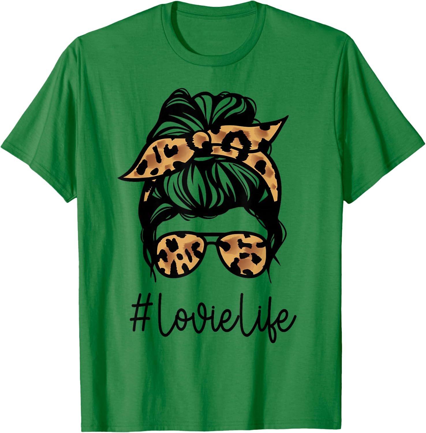 LOVIE Leopard Messy Bun Mother's Day for Grandmothers T-Shirt - T-Shirt | Irish Green