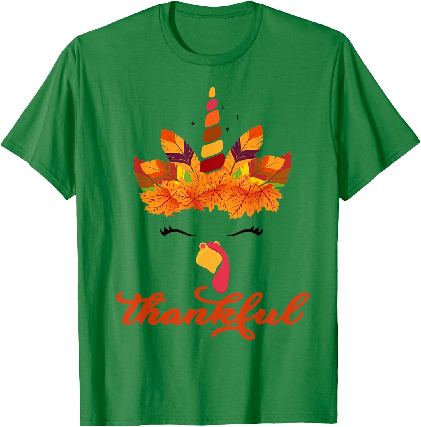 Thankful Unicorn Turkey Face Thanksgiving Outfit Girl Kids T-Shirt - T-Shirt | Irish Green