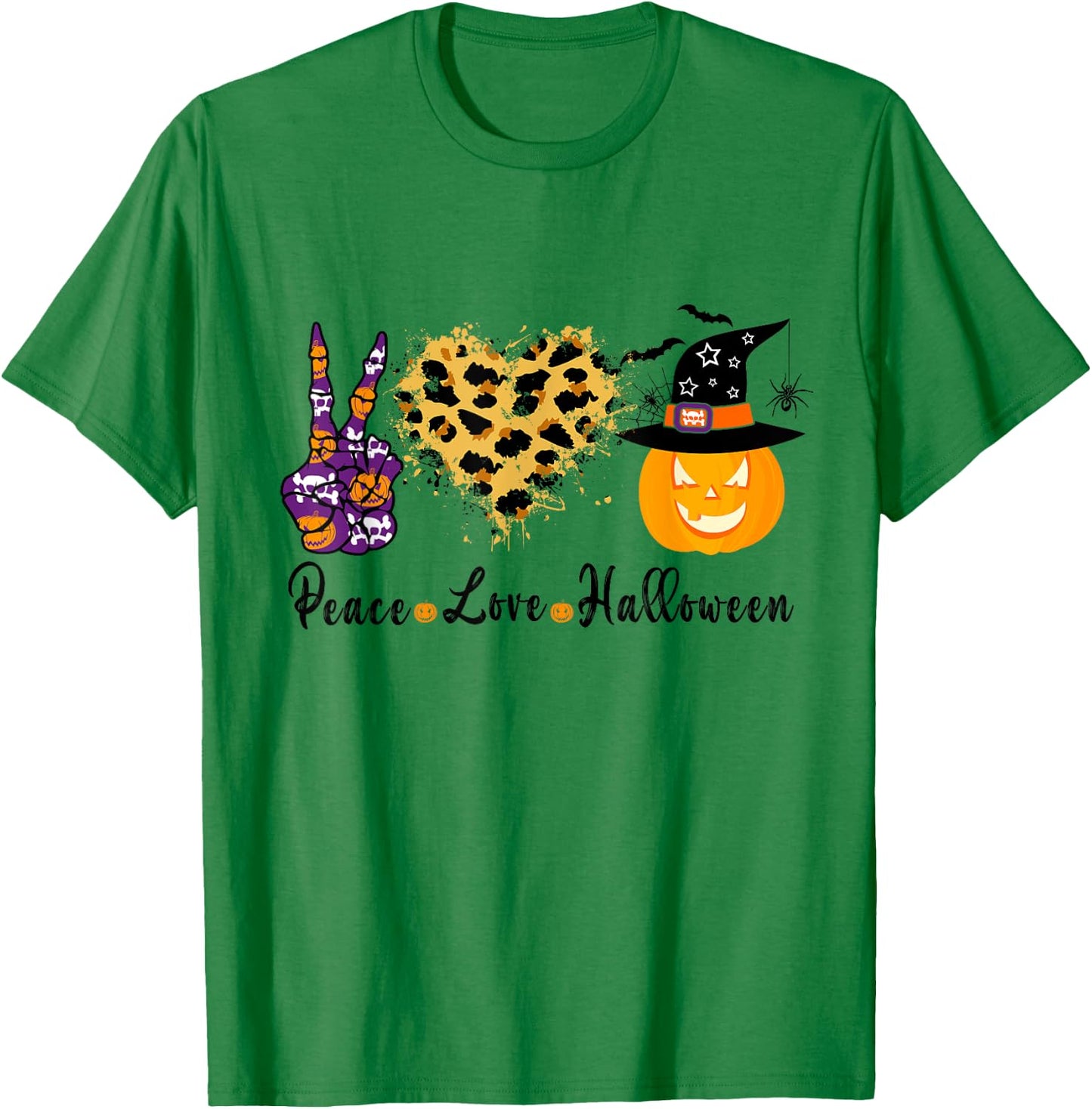 Peace Love Halloween Leopard Heart Halloween Pumpkin T-Shirt - T-Shirt | Irish Green