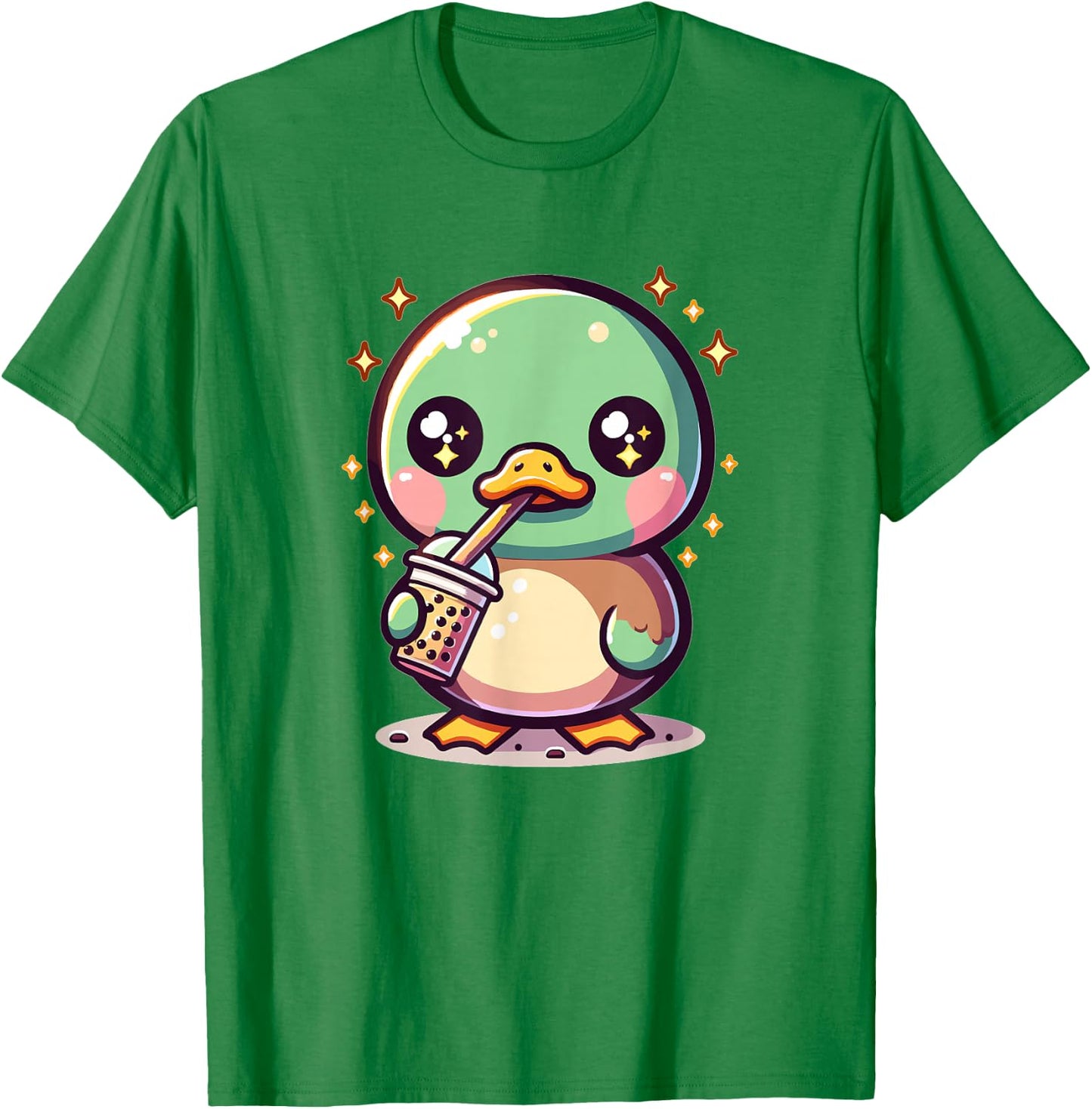 Cute Japanese Kawaii Chibi Mallard Duck Drinking Boba Tea T-Shirt - T-Shirt | Irish Green
