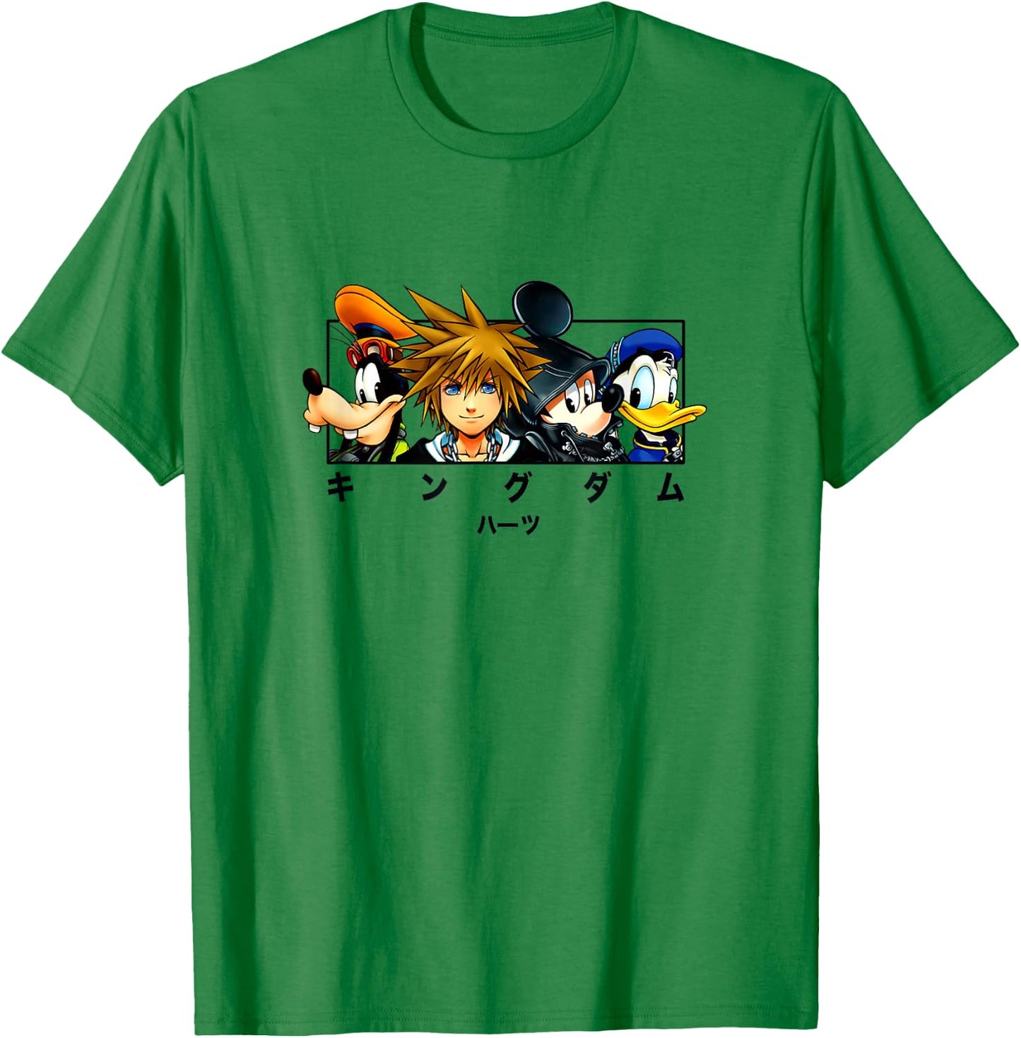 Disney Kingdom Hearts Main Characters Panel Chest Kanji Logo T-Shirt - T-Shirt | Irish Green