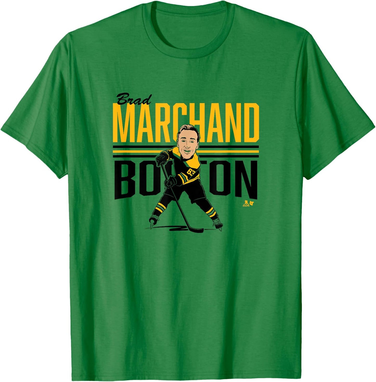 Brad Marchand: Center Ice Caricature - Boston Hockey T-Shirt - T-Shirt | Irish Green