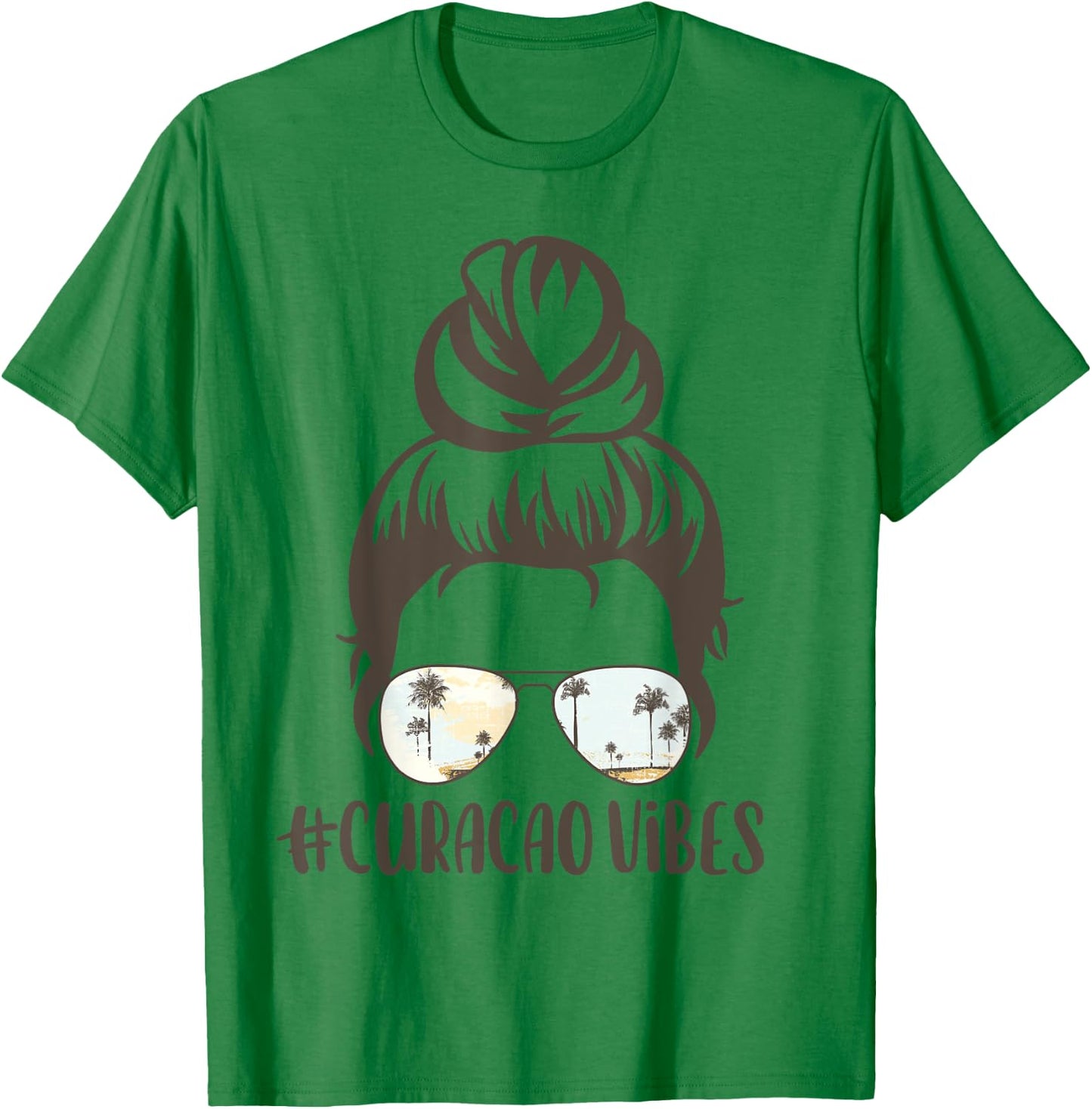 Curacao Tropical Island Vibes Messy Bun Palm Tree Sunset T-Shirt - T-Shirt | Irish Green
