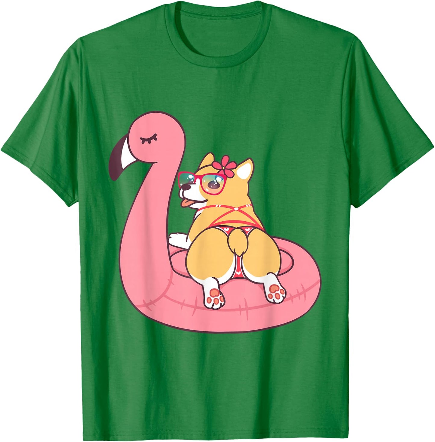 Corgi Butt Dog Bikini Pink Flamingo Float Funny Gift T Shirt T-Shirt - T-Shirt | Irish Green