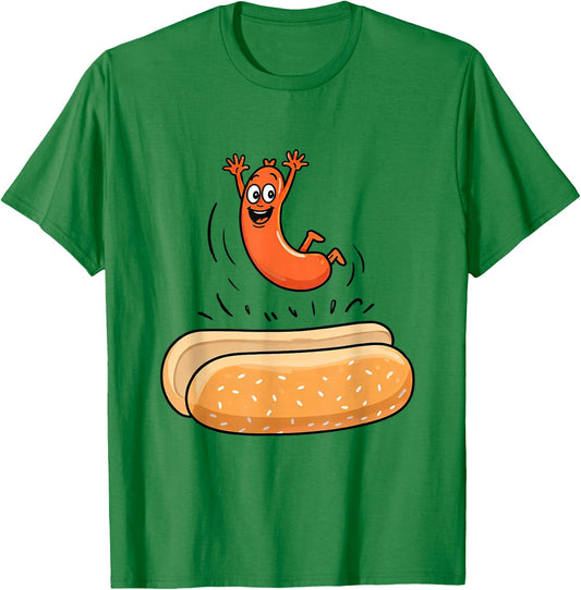 Funny Hotdog Jumping Into Bun Summer BBQ Sausage High-Dive T-Shirt - T-Shirt | Irish Green
