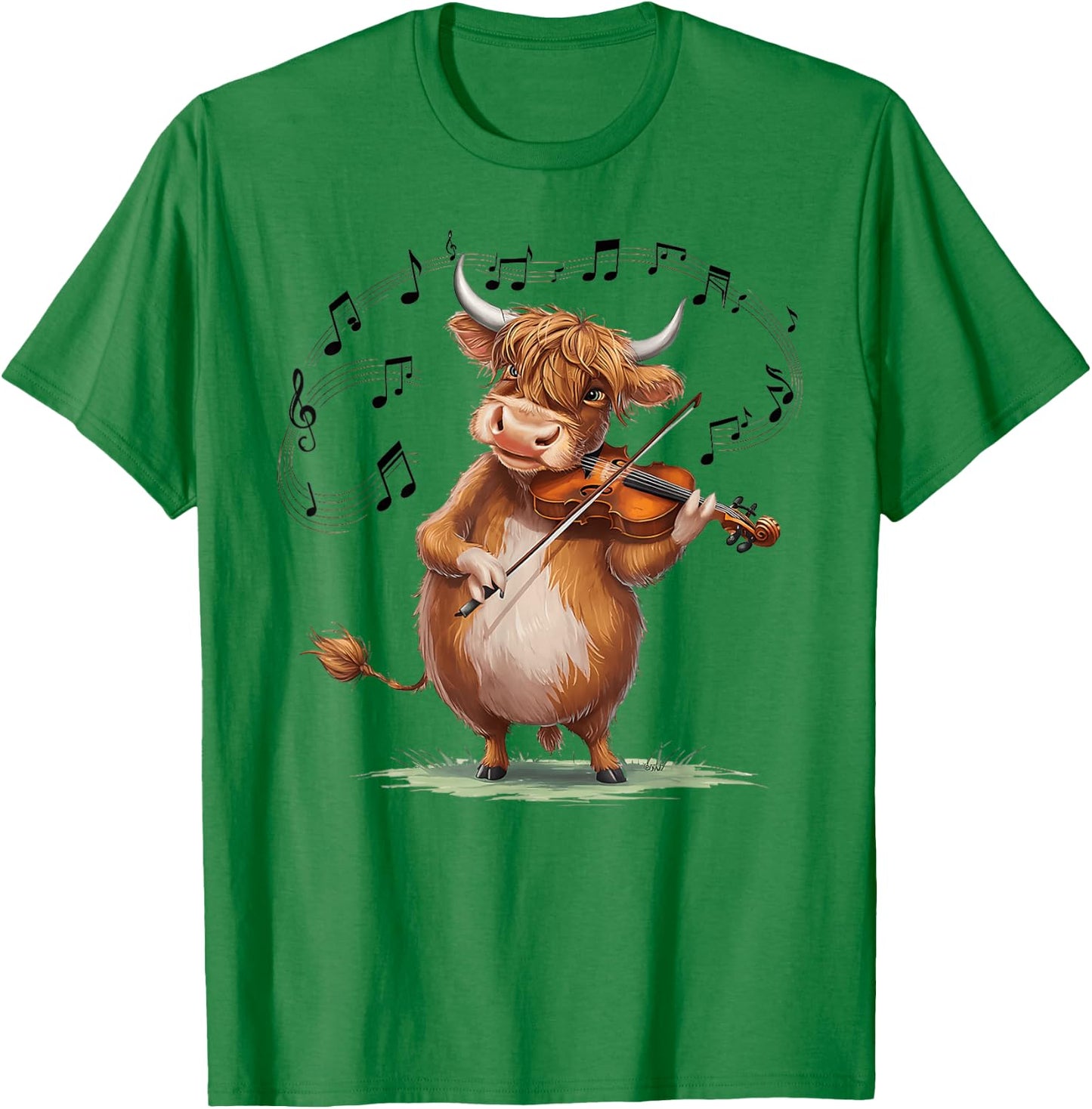 Funny Musician Violinist Cute Highland Cow Playing Violin T-Shirt - T-Shirt | Irish Green