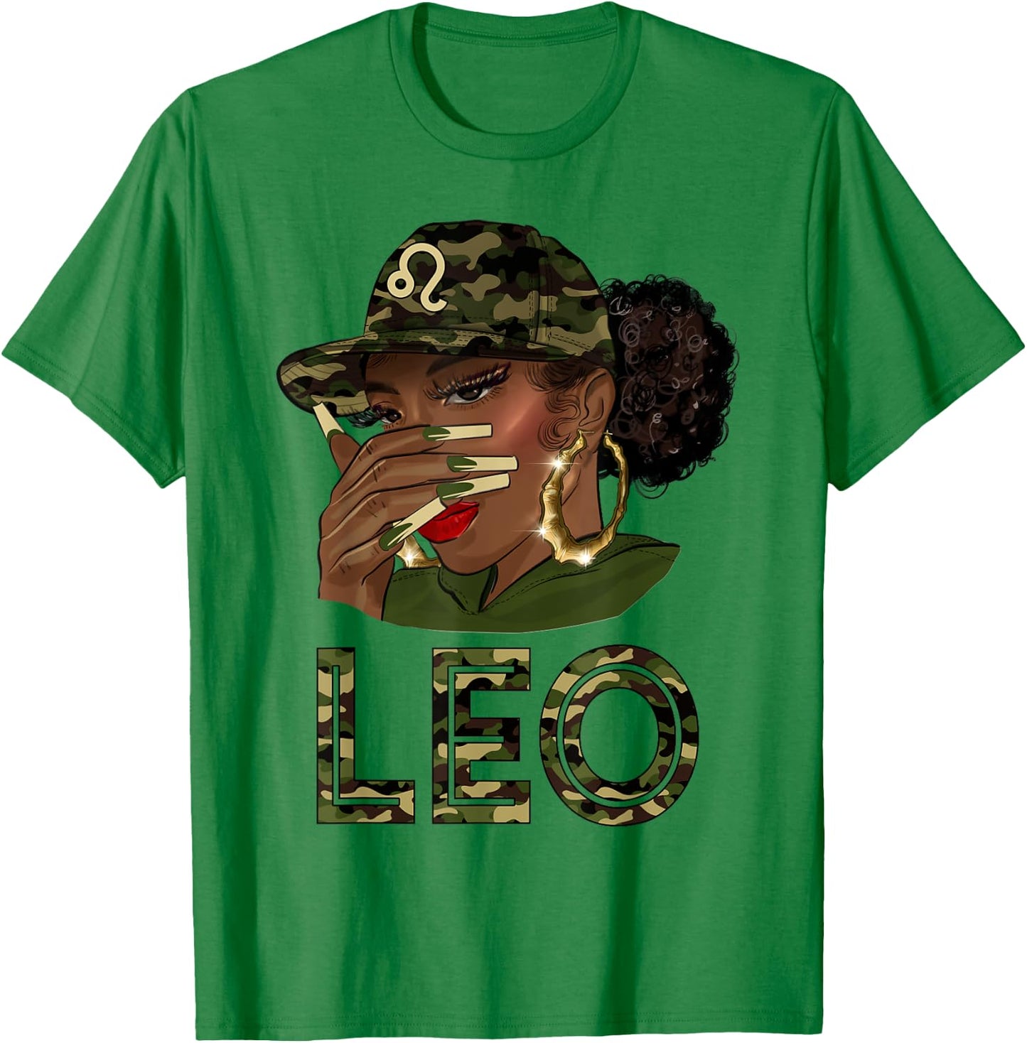 Leo Queen Black Girl With Cap Camo Afro Woman Zodiac T-Shirt - T-Shirt | Irish Green