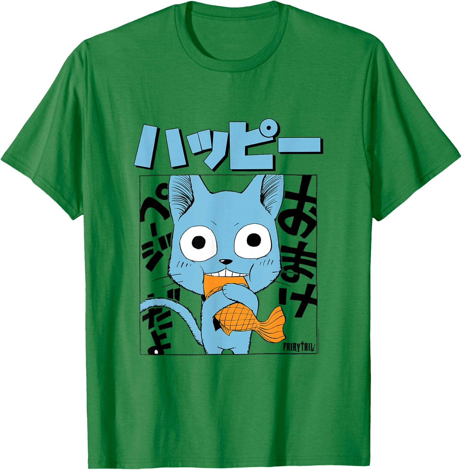 Fairy Tail Manga Happy Eating Fish T-Shirt - T-Shirt | Irish Green