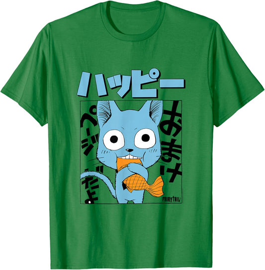 Fairy Tail Manga Happy Eating Fish T-Shirt - T-Shirt | Irish Green