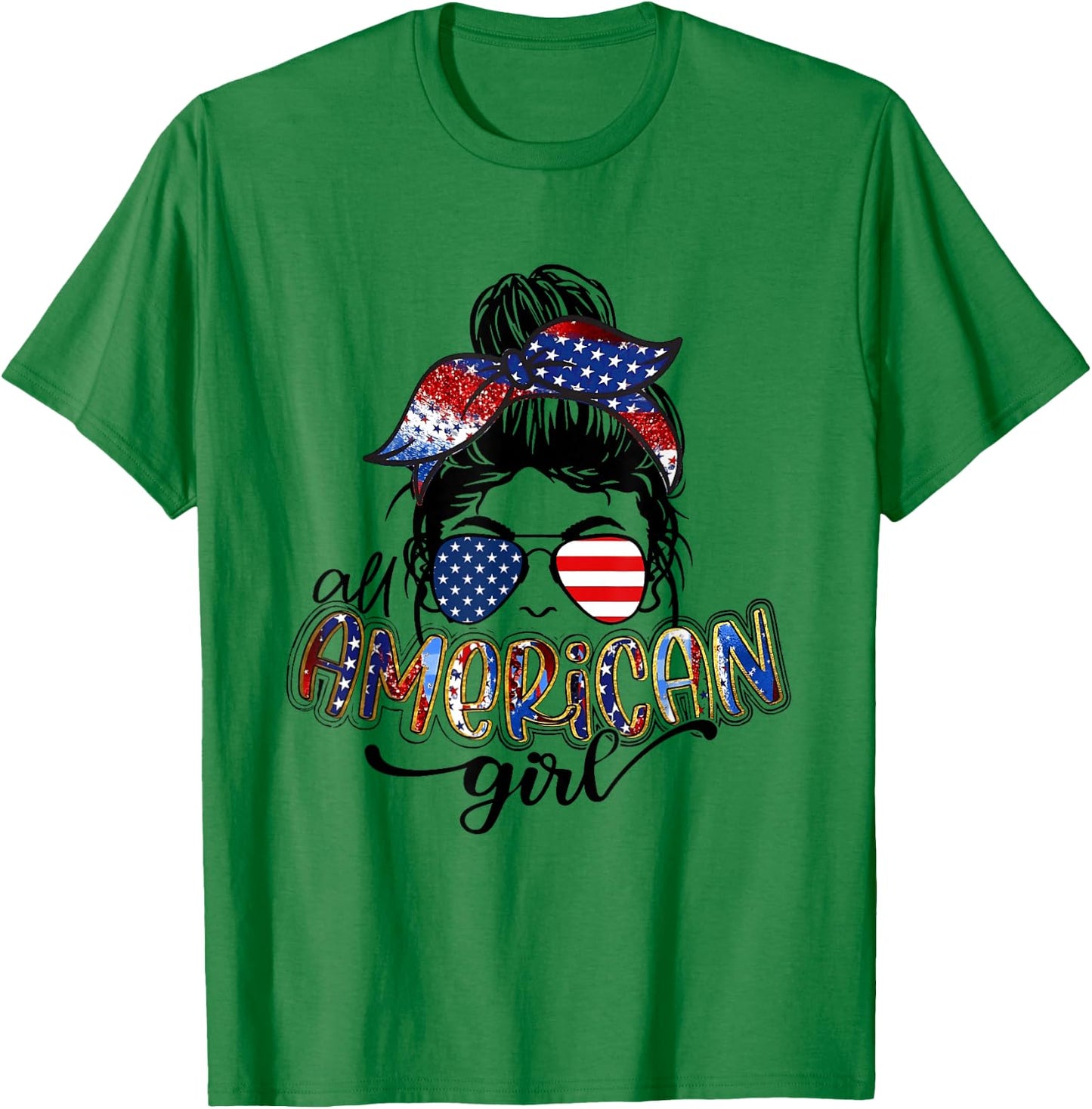 All American Girls Messy Bun Leopard 4th of July Flag T-Shirt - T-Shirt | Irish Green