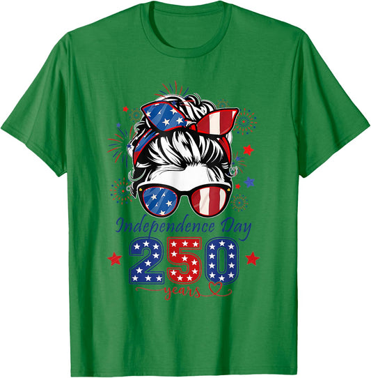 USA 250th Anniversary Messy Bun Women Celebrate 1776 2026 T-Shirt - T-Shirt | Irish Green