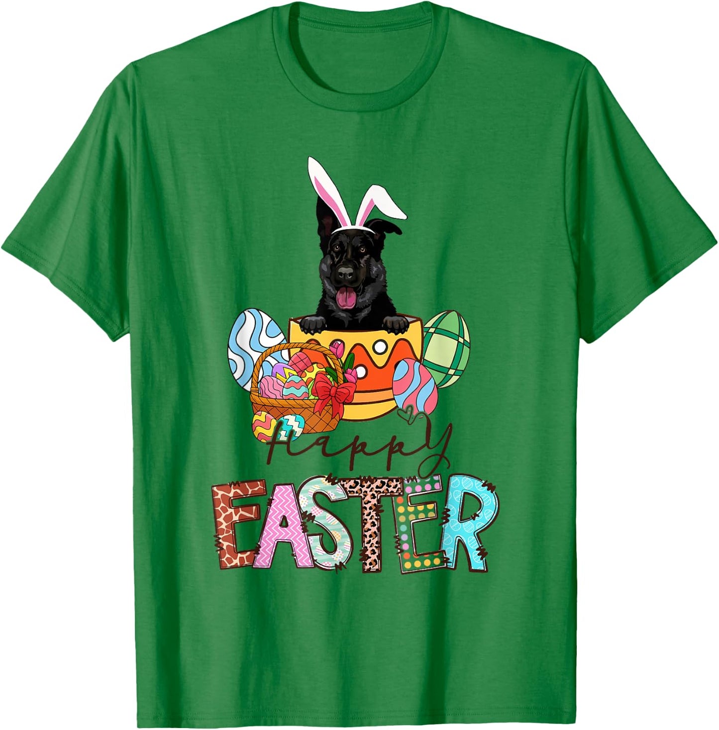 Happy Easter Peeking Black German Shepherd Bunny Ear Dog T-Shirt - T-Shirt | Irish Green