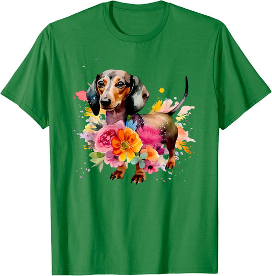 Dachshund Watercolour Art Dog Breed Woman Children Flowers , White T-Shirt - T-Shirt | Irish Green