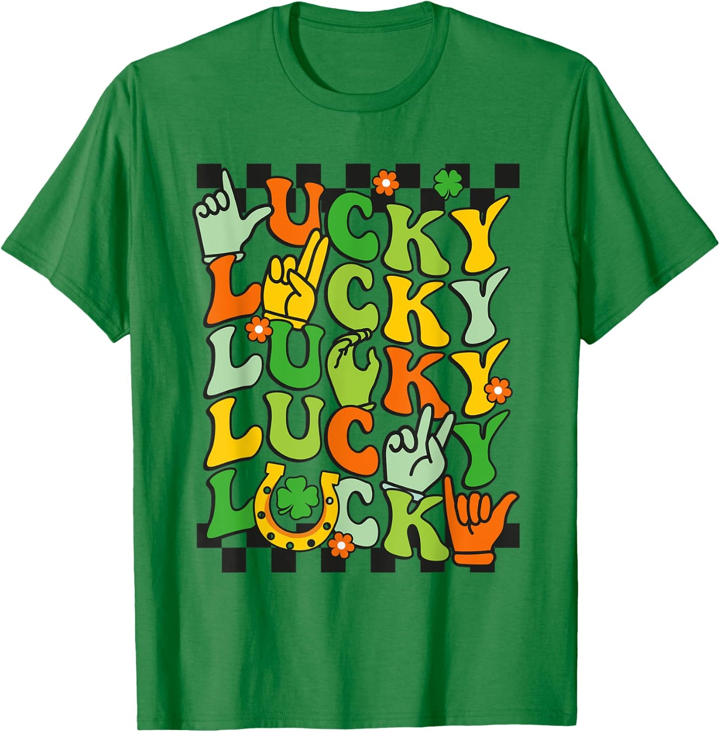 Lucky St Patrick's Day Sign Language ASL Deaf Groovy Irish T-Shirt - T-Shirt | Irish Green