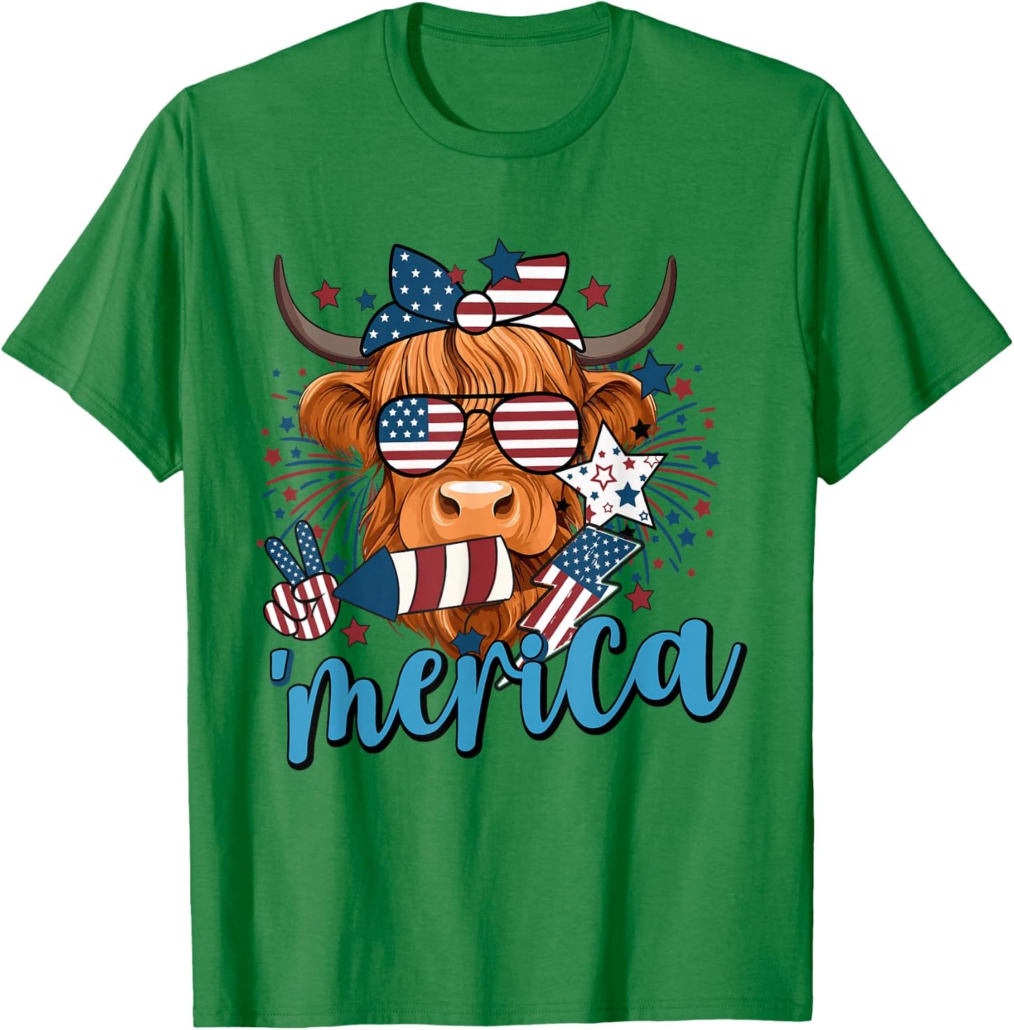 Highland Cow 4th Of July Cow Men Funny Cow T-Shirt - T-Shirt | Irish Green