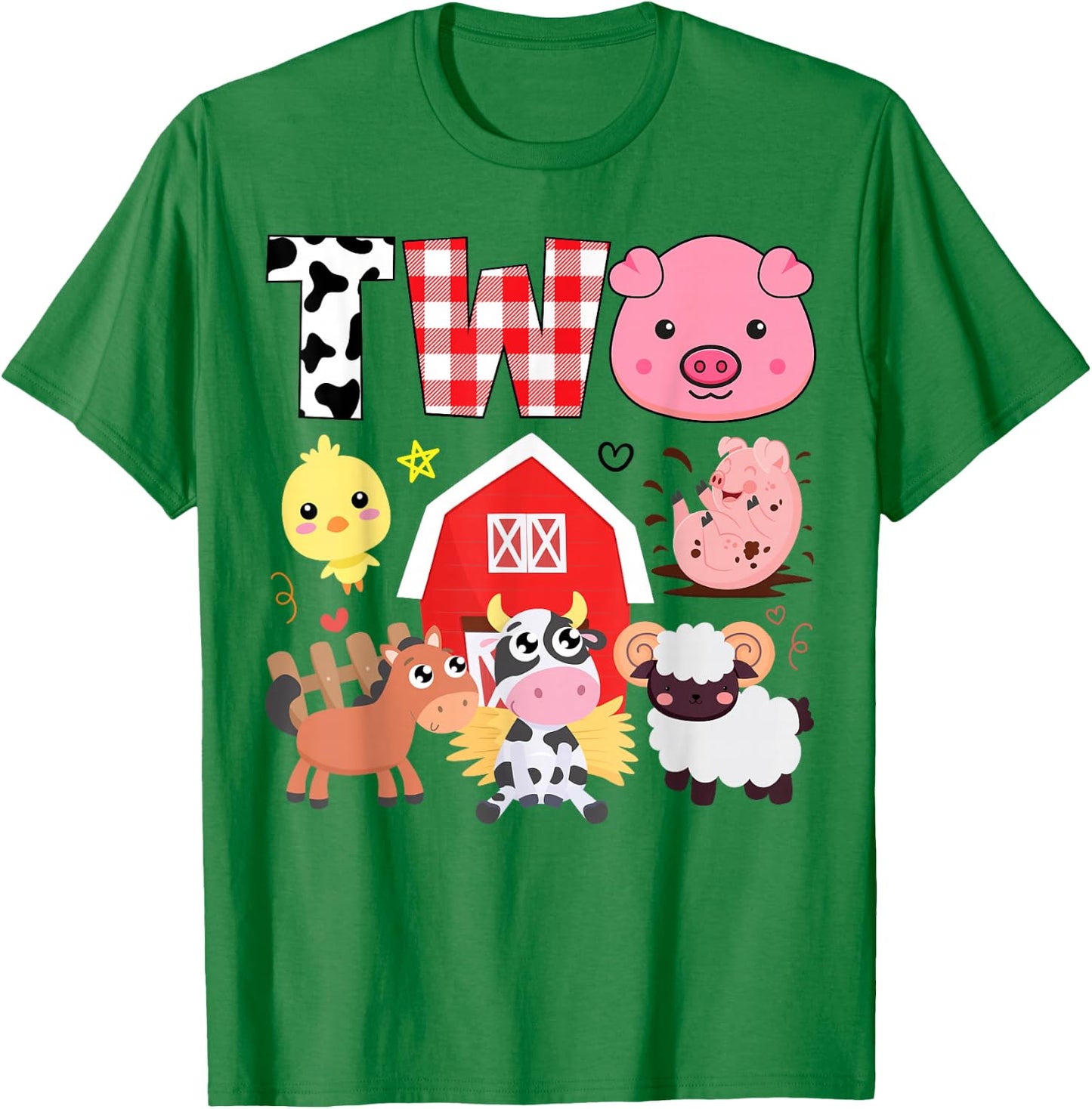 2nd Birthday Two Year Old Farm Theme Animals Birthday Party T-Shirt - T-Shirt | Irish Green